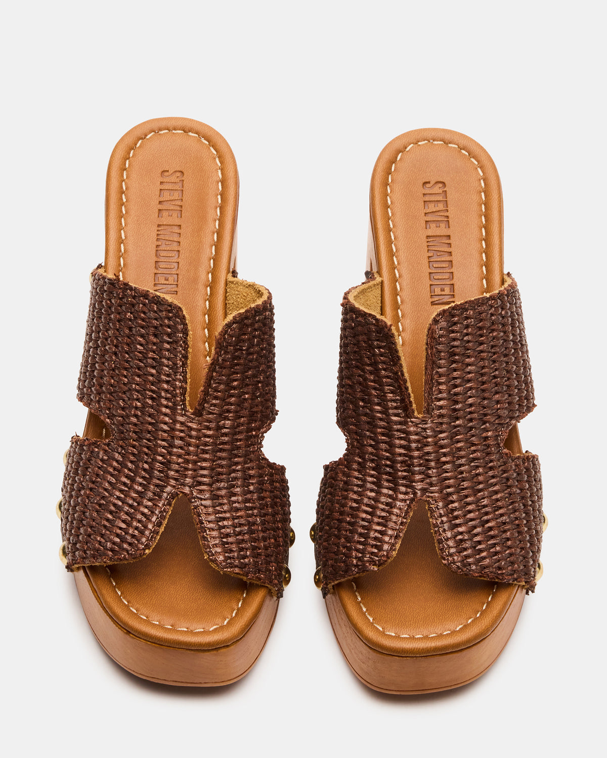 SUNKISSED Brown Raffia Platform Block Heel Studded Women's Sandal - Steve Madden
