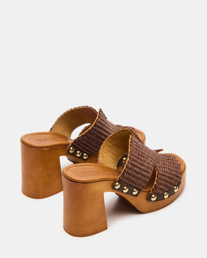 SUNKISSED Brown Raffia Platform Block Heel Studded Women's Sandal - Steve Madden