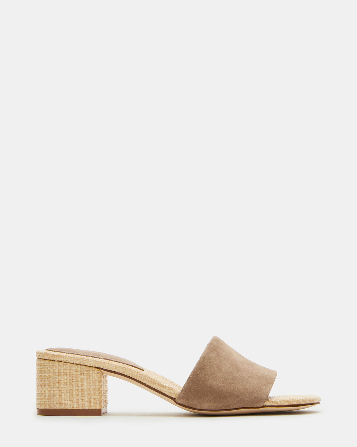 HAILEE Taupe Suede Women's Square-Toe Raffia Block Heel Mule Sandal - Steve Madden