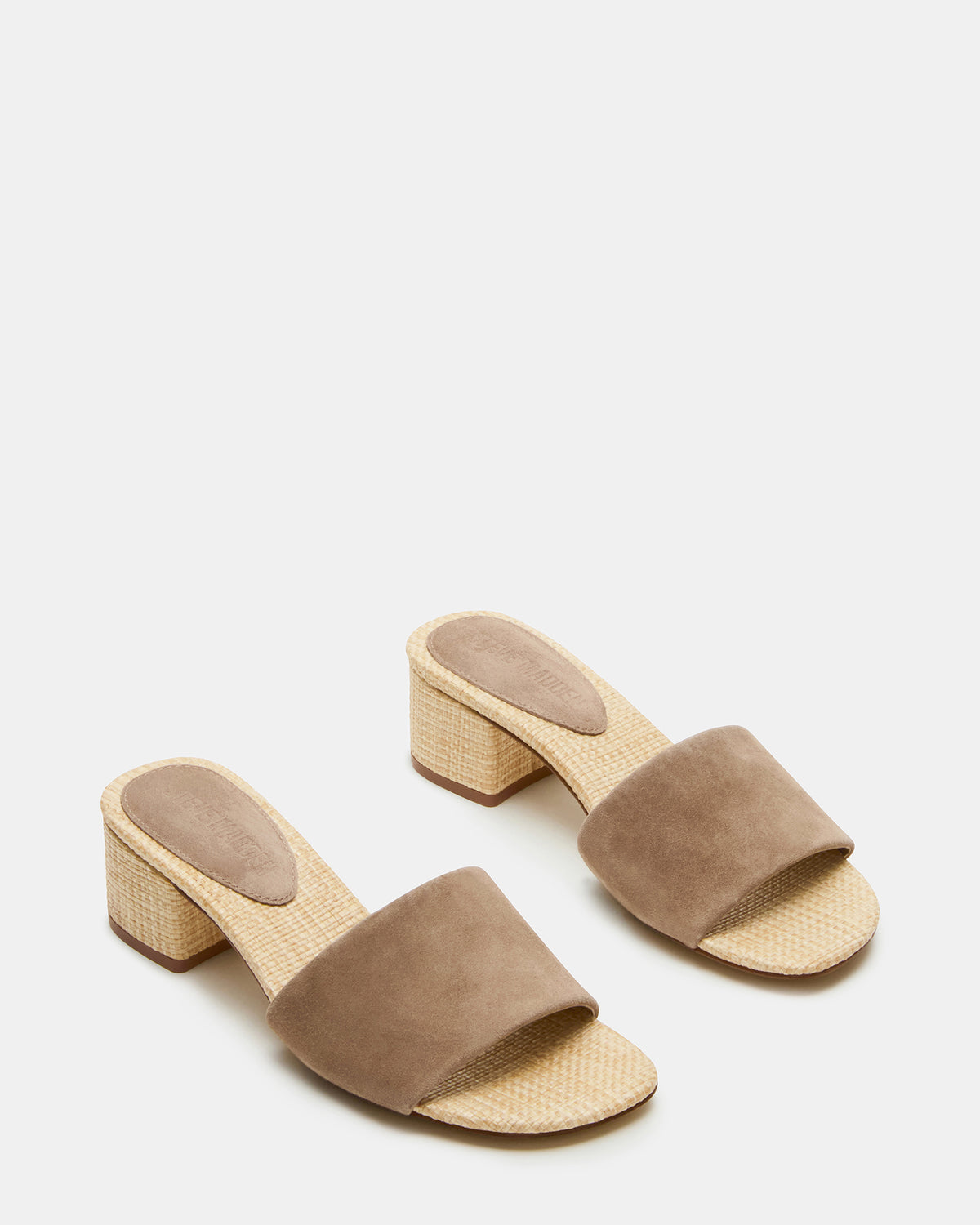 HAILEE Taupe Suede Women's Square-Toe Raffia Block Heel Mule Sandal - Steve Madden