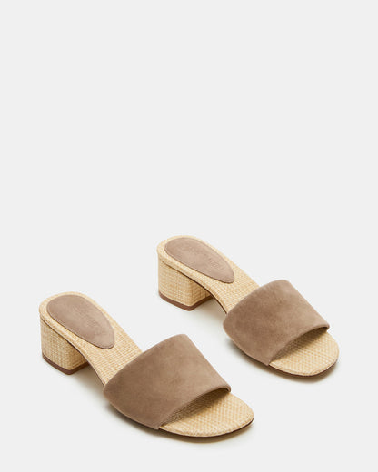 HAILEE Taupe Suede Women's Square-Toe Raffia Block Heel Mule Sandal - Steve Madden