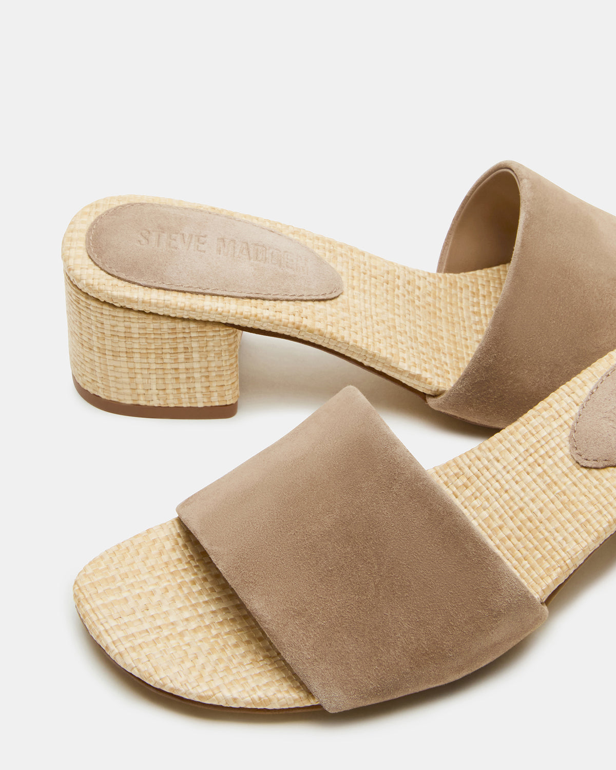 HAILEE Taupe Suede Women's Square-Toe Raffia Block Heel Mule Sandal - Steve Madden