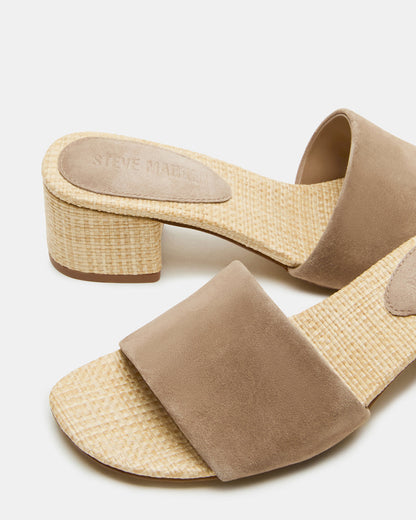 HAILEE Taupe Suede Women's Square-Toe Raffia Block Heel Mule Sandal - Steve Madden