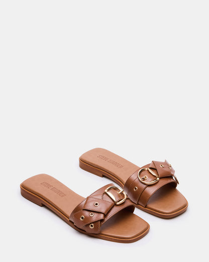 HILARIA Tan Leather Square-Toe Slide Women's Sandal - Steve Madden