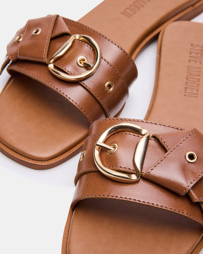 HILARIA Tan Leather Square-Toe Slide Women's Sandal - Steve Madden