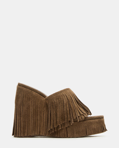 WYNN Chestnut Suede Platform Fringe Wedge Mule Women's Sandal - Steve Madden