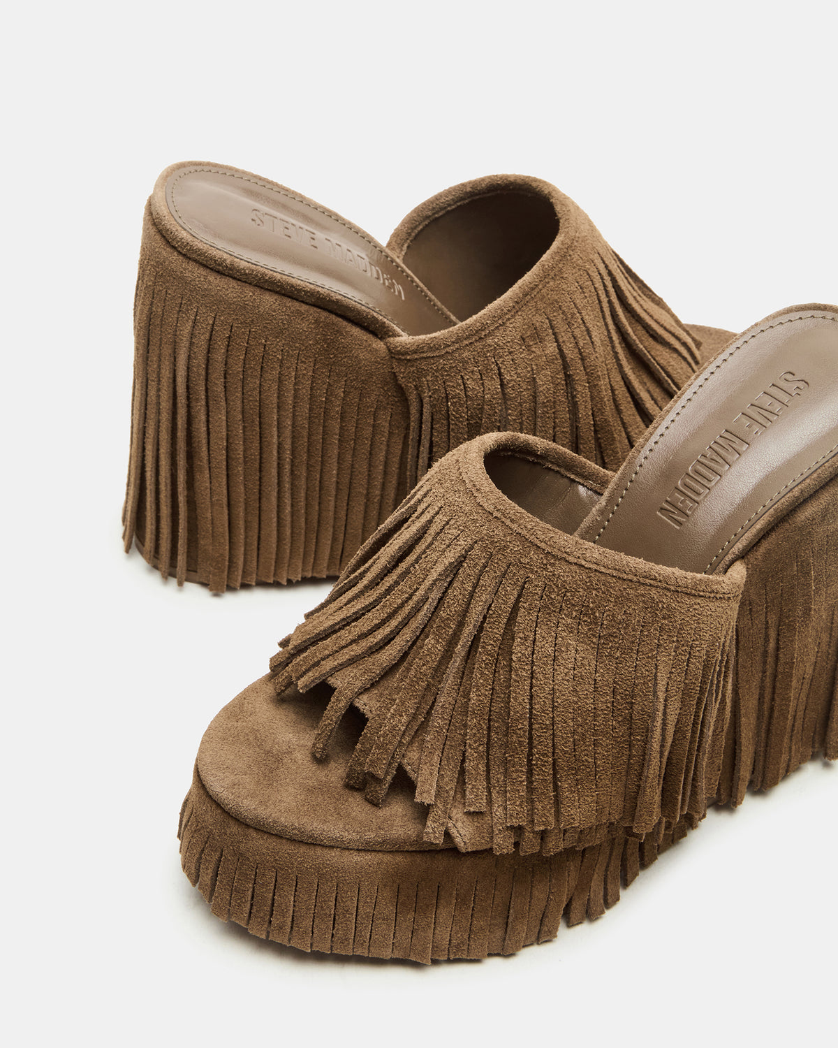 WYNN Chestnut Suede Platform Fringe Wedge Mule Women's Sandal - Steve Madden