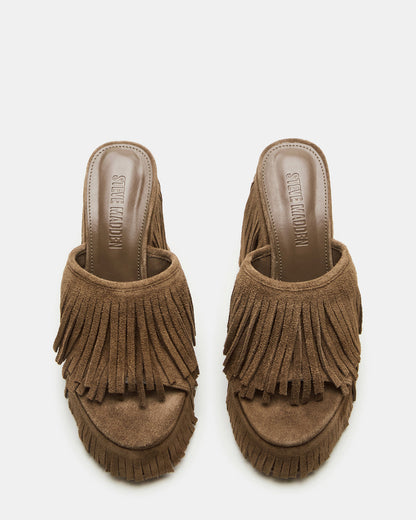 WYNN Chestnut Suede Platform Fringe Wedge Mule Women's Sandal - Steve Madden