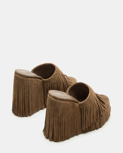 WYNN Chestnut Suede Platform Fringe Wedge Mule Women's Sandal - Steve Madden