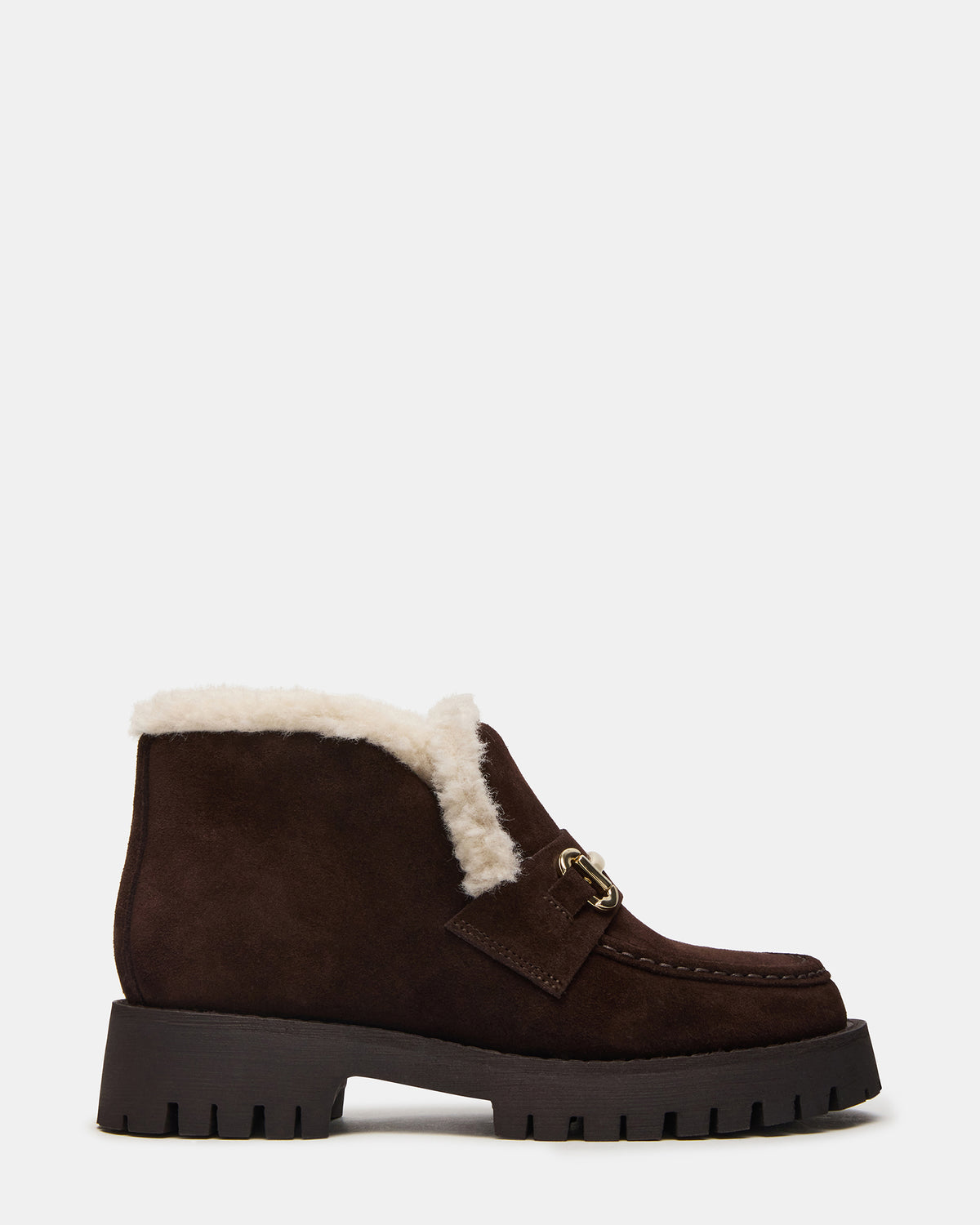 LEON Faux Fur Chocolae Brown Suede Platform Lug Sole Women's Loafer - Steve Madden