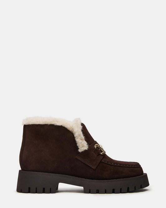 LEON Faux Fur Chocolae Brown Suede Platform Lug Sole Women's Loafer - Steve Madden