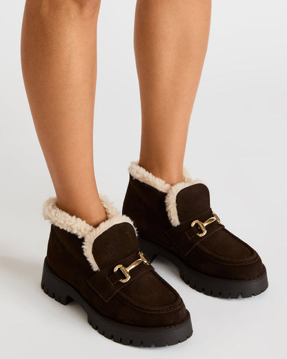 LEON Faux Fur Chocolae Brown Suede Platform Lug Sole Women's Loafer - Steve Madden