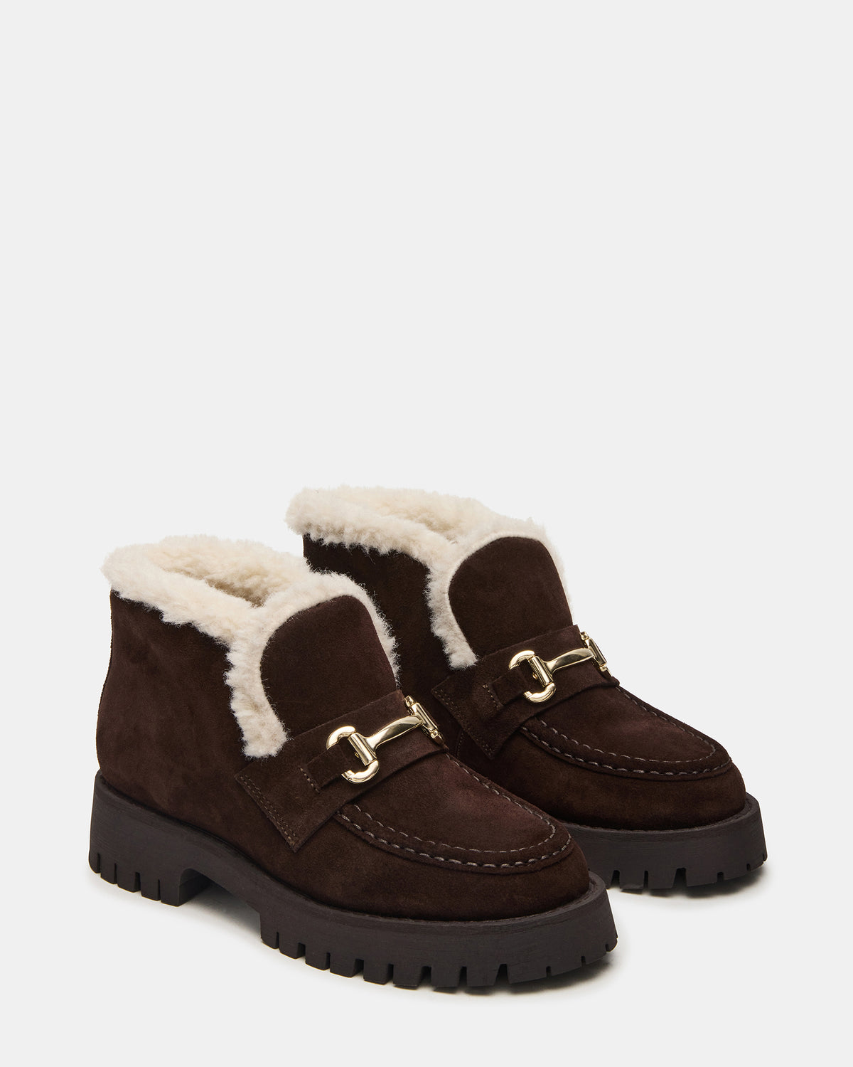 LEON Faux Fur Chocolae Brown Suede Platform Lug Sole Women's Loafer - Steve Madden