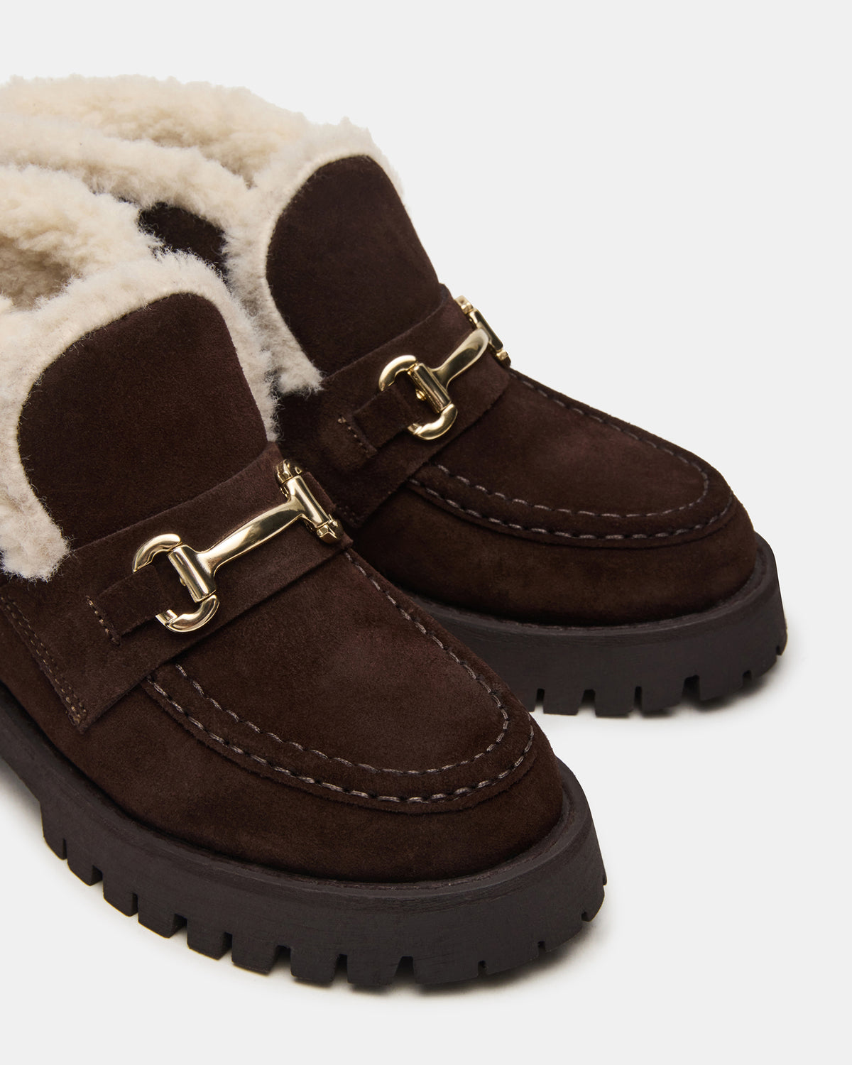 LEON Faux Fur Chocolae Brown Suede Platform Lug Sole Women's Loafer - Steve Madden