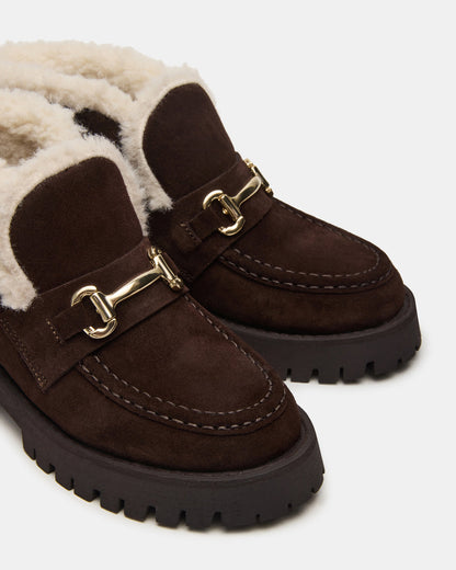 LEON Faux Fur Chocolae Brown Suede Platform Lug Sole Women's Loafer - Steve Madden