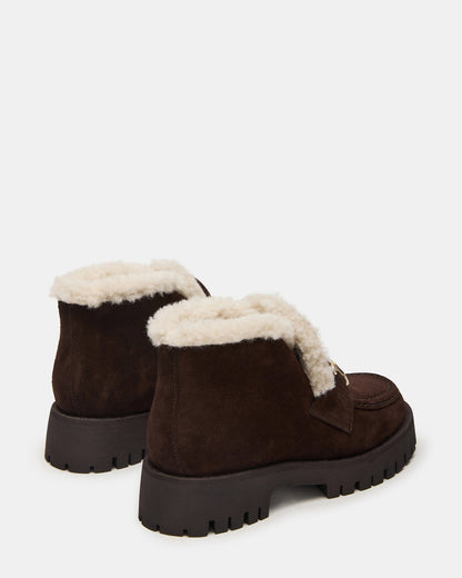 LEON Faux Fur Chocolae Brown Suede Platform Lug Sole Women's Loafer - Steve Madden