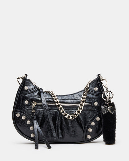 ERIKA Bag Black Rhinestone Embellished Studded Crinkle Moto Crossbody Handbag - Steve Madden