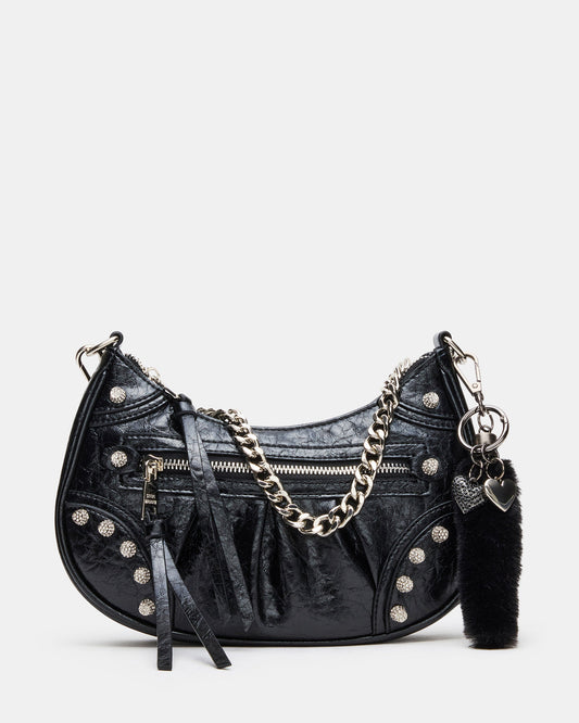 ERIKA Bag Black Rhinestone Embellished Studded Crinkle Moto Crossbody Handbag - Steve Madden