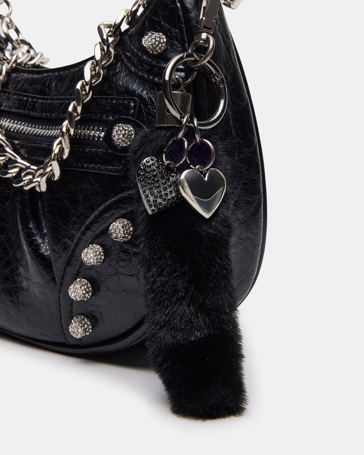 ERIKA Bag Black Rhinestone Embellished Studded Crinkle Moto Crossbody Handbag - Steve Madden