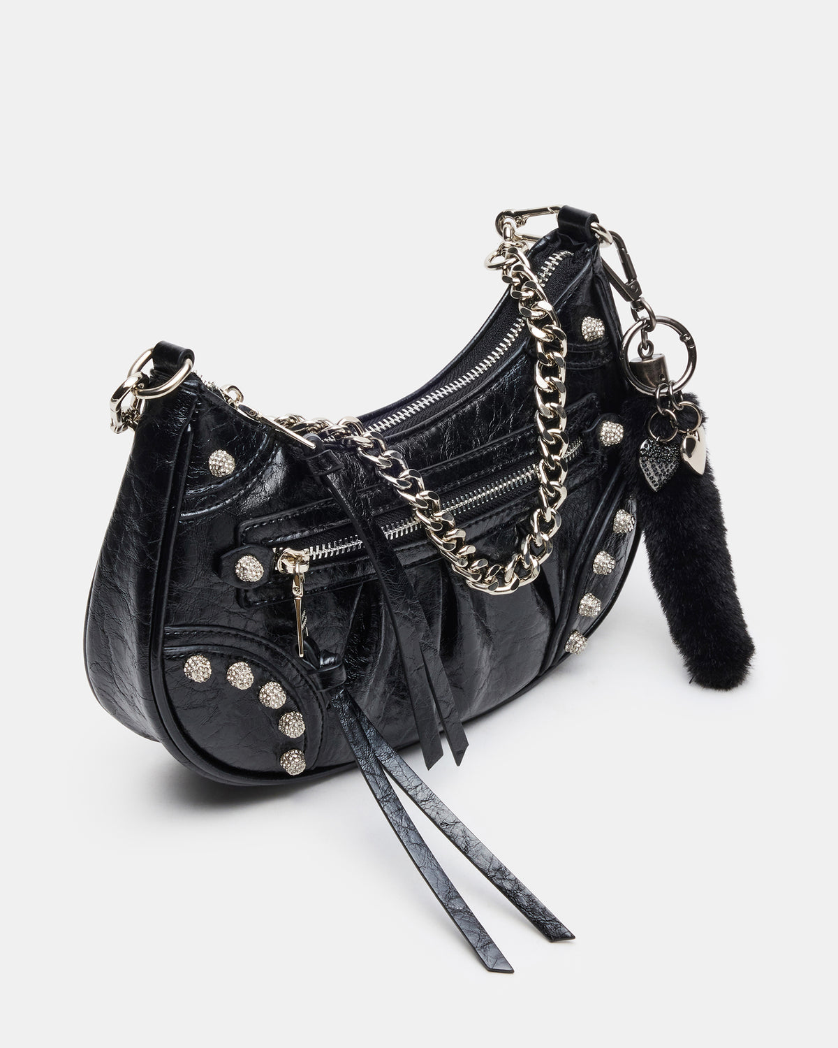 ERIKA Bag Black Rhinestone Embellished Studded Crinkle Moto Crossbody Handbag - Steve Madden