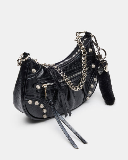 ERIKA Bag Black Rhinestone Embellished Studded Crinkle Moto Crossbody Handbag - Steve Madden