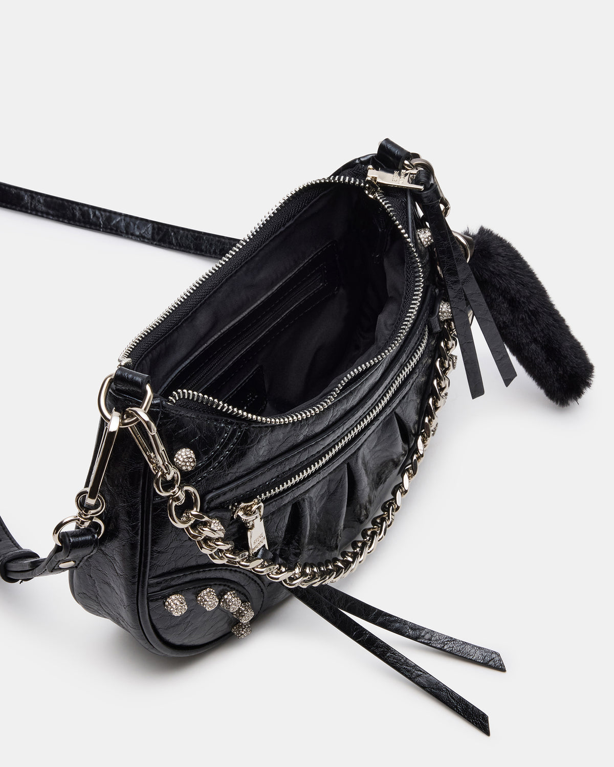 ERIKA Bag Black Rhinestone Embellished Studded Crinkle Moto Crossbody Handbag - Steve Madden
