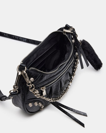 ERIKA Bag Black Rhinestone Embellished Studded Crinkle Moto Crossbody Handbag - Steve Madden