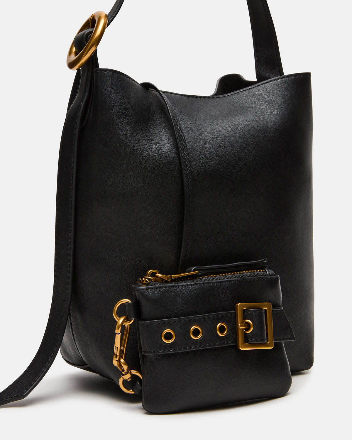 SOFIEE Bag Black Leather Shoulder Strap Bucket Tote Handbag - Steve Madden