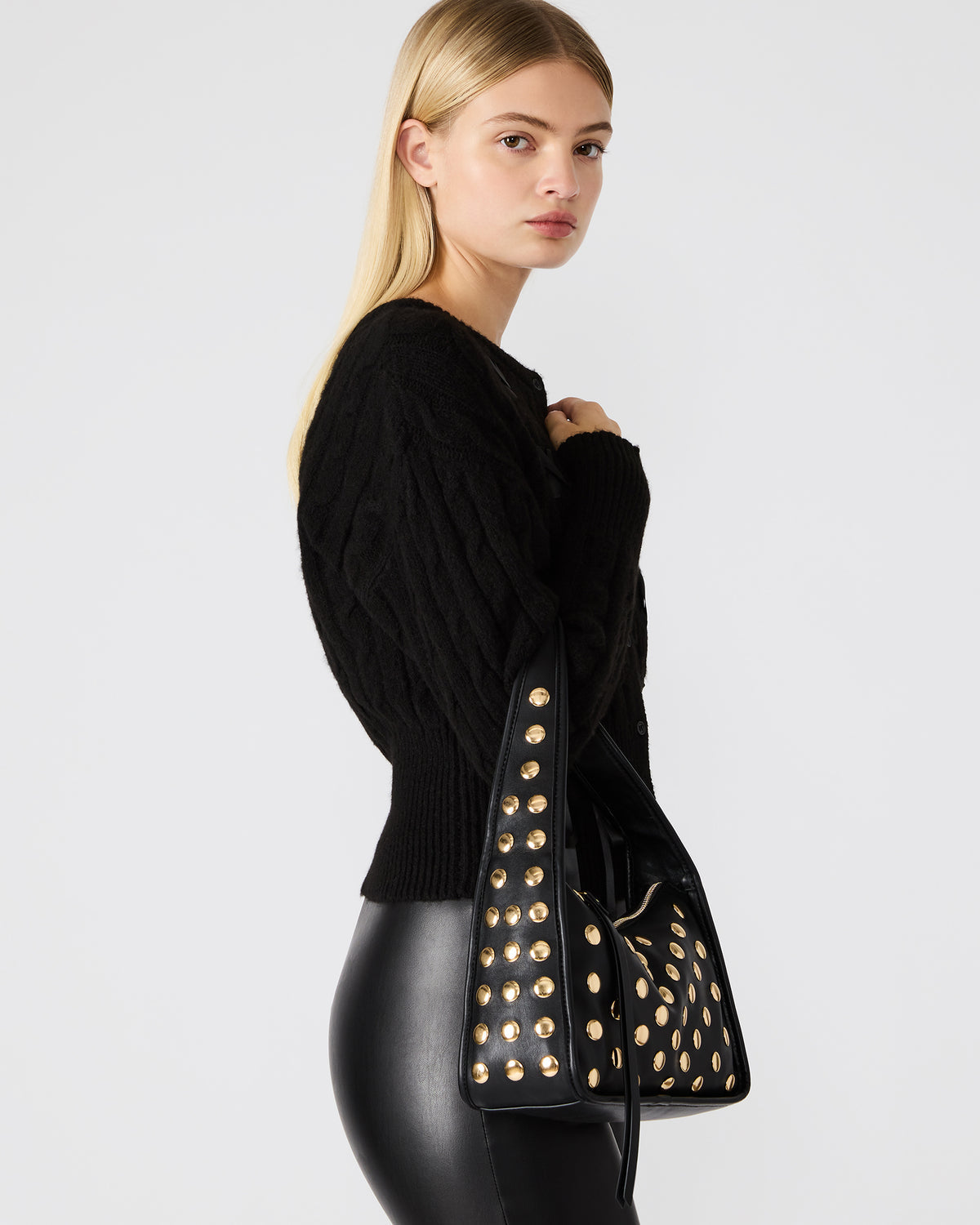 CHEYANN Bag Black Hobo Dome-Studded Shoulder Strap Women's Handbag - Steve Madden