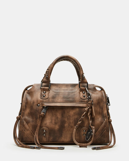 RIGGS Brown Distressed Slouchy Top-Handle Crossbody Satchel Handbag - Steve Madden