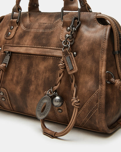 RIGGS Brown Distressed Slouchy Top-Handle Crossbody Satchel Handbag - Steve Madden