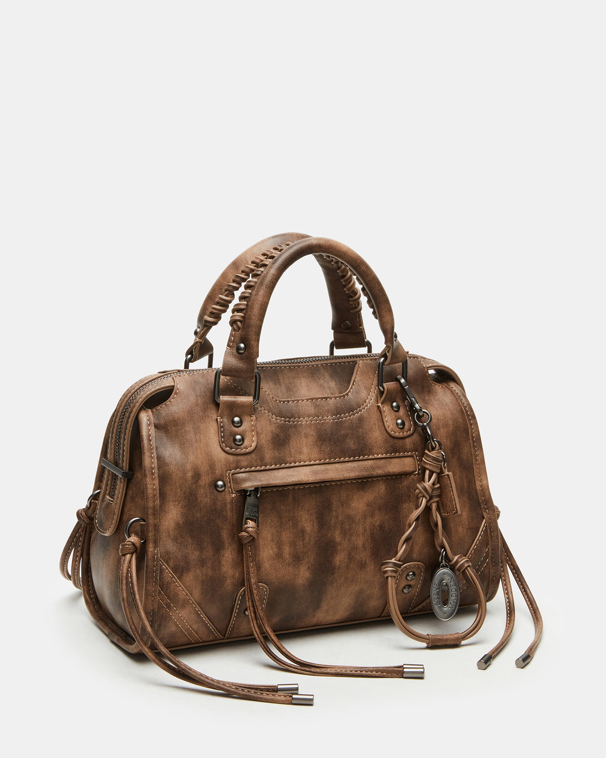 RIGGS Brown Distressed Slouchy Top-Handle Crossbody Satchel Handbag - Steve Madden
