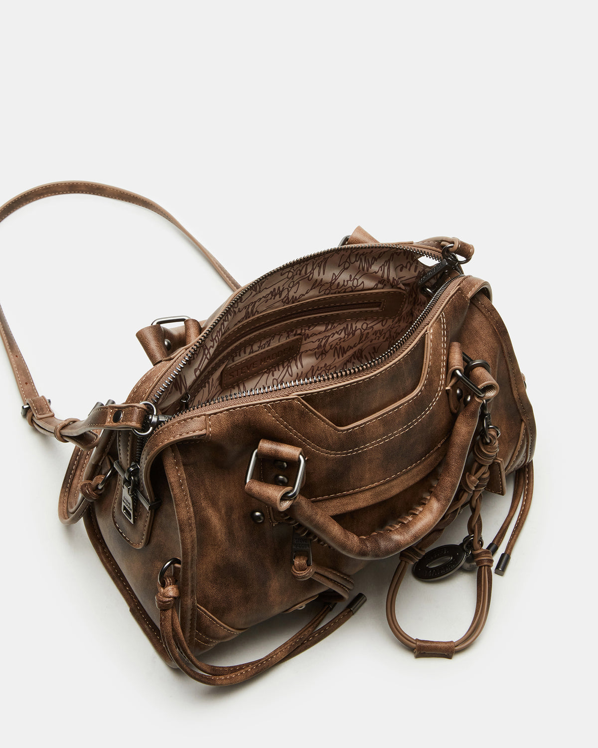RIGGS Brown Distressed Slouchy Top-Handle Crossbody Satchel Handbag - Steve Madden