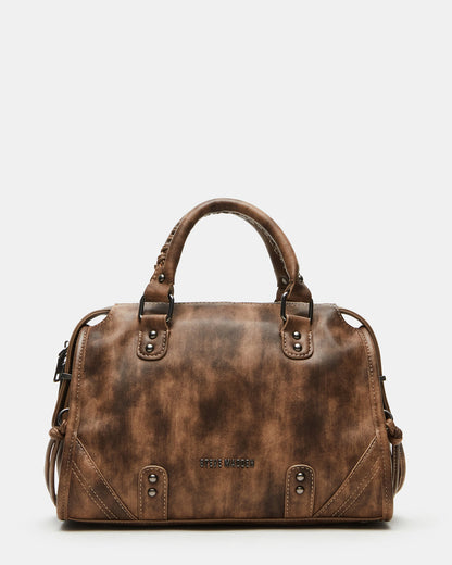RIGGS Brown Distressed Slouchy Top-Handle Crossbody Satchel Handbag - Steve Madden