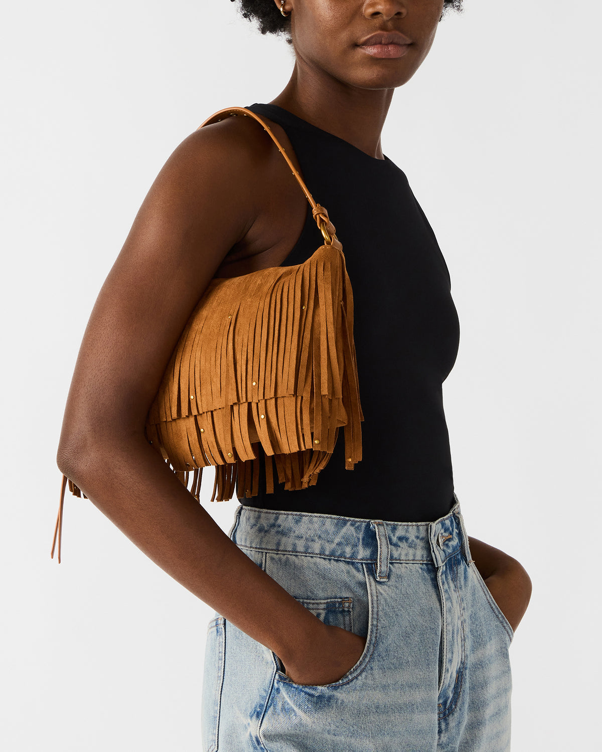 BOHEME Bag Tobacco Shoulder Strap Studded Fringe Handbag - Steve Madden