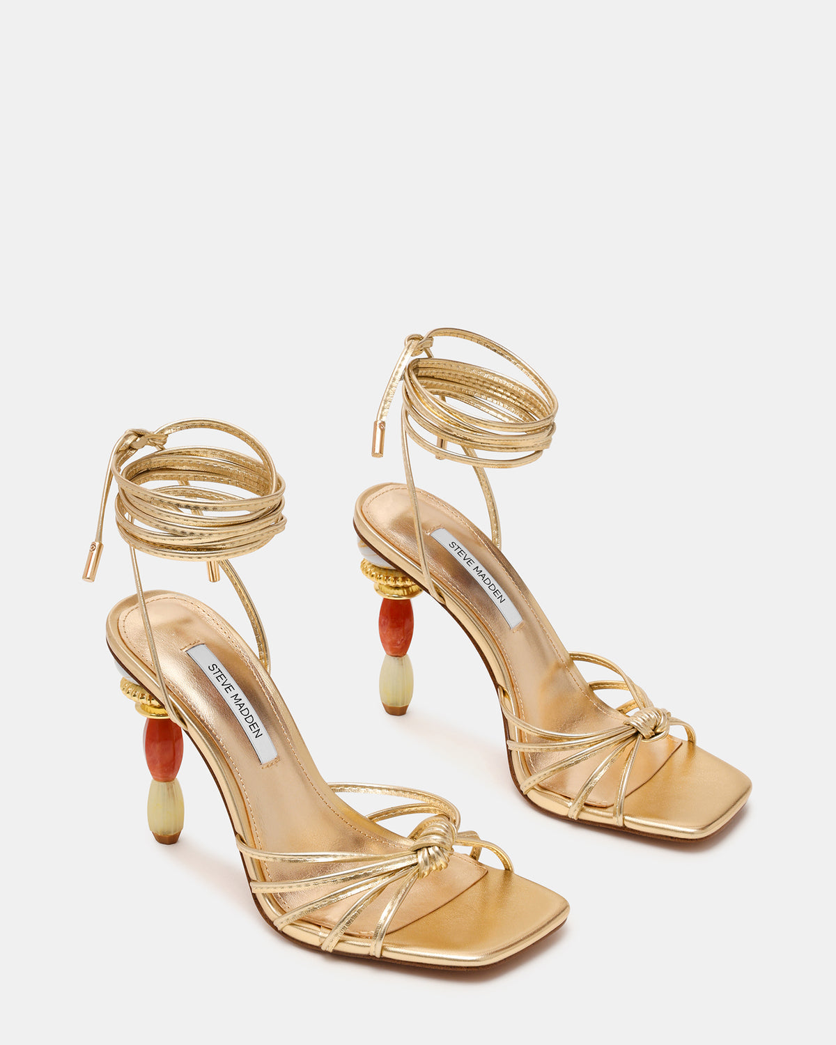 SOLENA Gold Strappy Leg-Tie Square-Toe Women's Sculptured Heel - Steve Madden