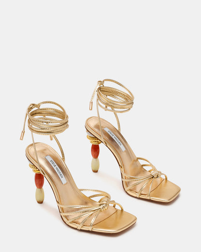 SOLENA Gold Strappy Leg-Tie Square-Toe Women's Sculptured Heel - Steve Madden