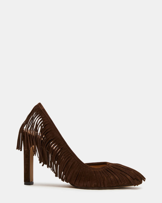 GREER Brown Suede Fringe Slingback Round-Toe Women's Heel - Steve Madden
