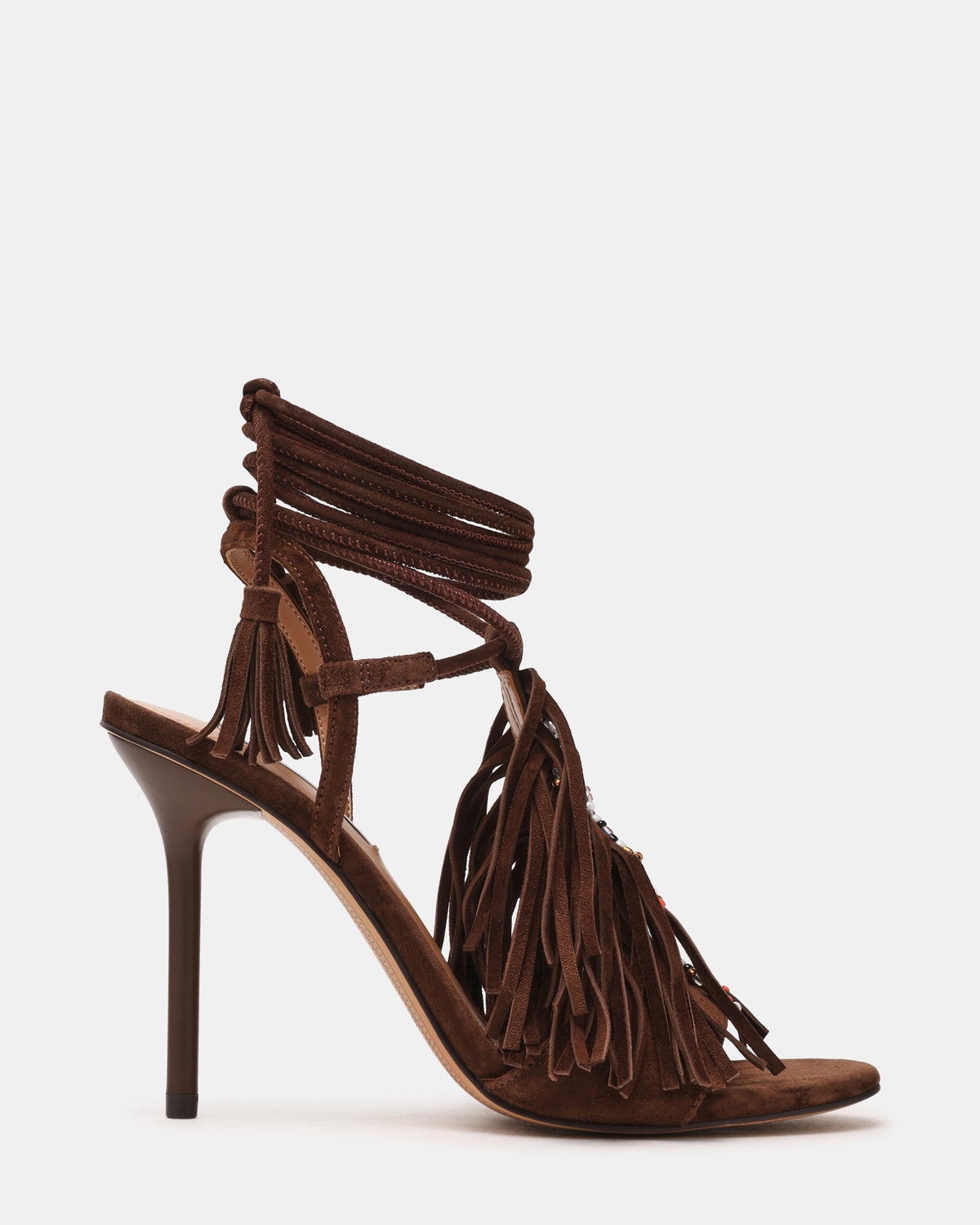TALIA Brown Suede Fringe Beaded Stiletto Strappy Leg-Ties Women's Heel - Steve Madden