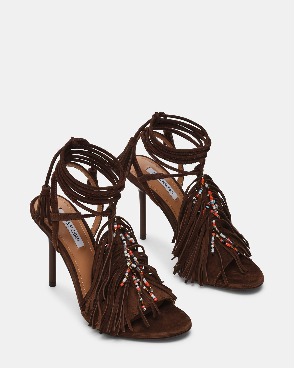 TALIA Brown Suede Fringe Beaded Stiletto Strappy Leg-Ties Women's Heel - Steve Madden