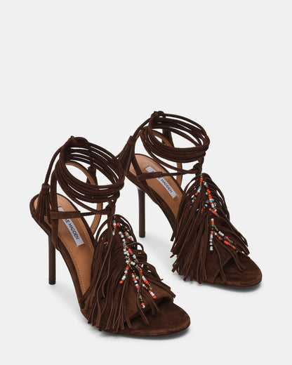 TALIA Brown Suede Fringe Beaded Stiletto Strappy Leg-Ties Women's Heel - Steve Madden