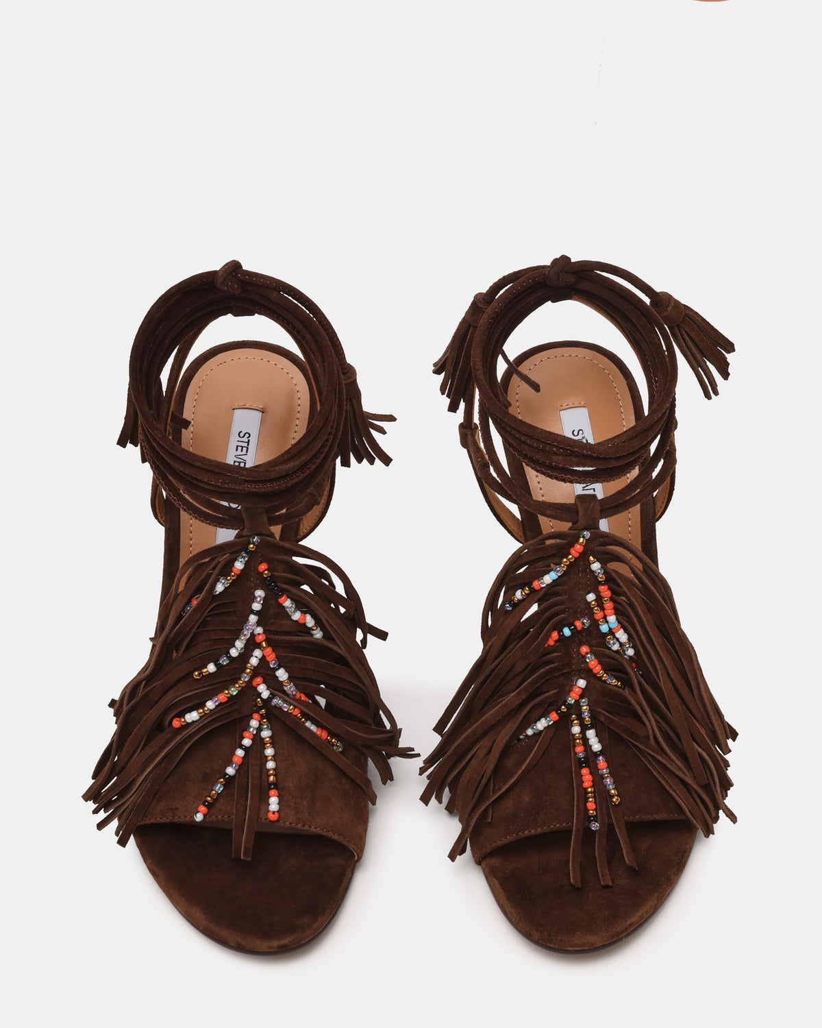 TALIA Brown Suede Fringe Beaded Stiletto Strappy Leg-Ties Women's Heel - Steve Madden
