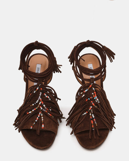 TALIA Brown Suede Fringe Beaded Stiletto Strappy Leg-Ties Women's Heel - Steve Madden