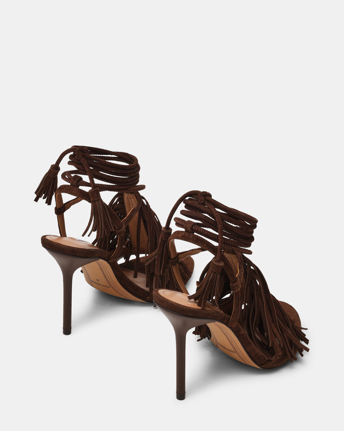 TALIA Brown Suede Fringe Beaded Stiletto Strappy Leg-Ties Women's Heel - Steve Madden