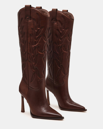 KINZEE Brown Leather Pointed-Toe Knee-High Western Stiletto Women's Boot - Steve Madden
