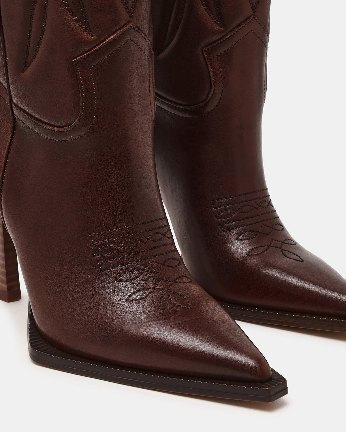 KINZEE Brown Leather Pointed-Toe Knee-High Western Stiletto Women's Boot - Steve Madden