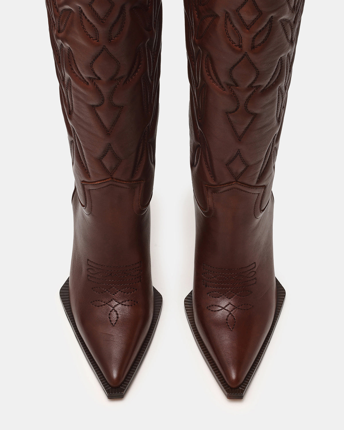 KINZEE Brown Leather Pointed-Toe Knee-High Western Stiletto Women's Boot - Steve Madden