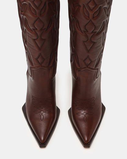 KINZEE Brown Leather Pointed-Toe Knee-High Western Stiletto Women's Boot - Steve Madden