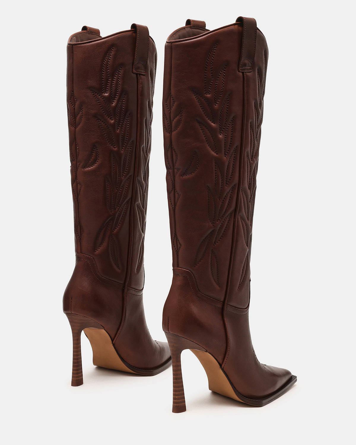 KINZEE Brown Leather Pointed-Toe Knee-High Western Stiletto Women's Boot - Steve Madden