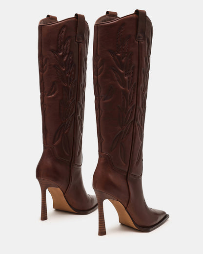 KINZEE Brown Leather Pointed-Toe Knee-High Western Stiletto Women's Boot - Steve Madden